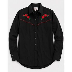 VTG Ely Country Charmers Black Western Snap Shirt Red Rose Embroidery Floral L